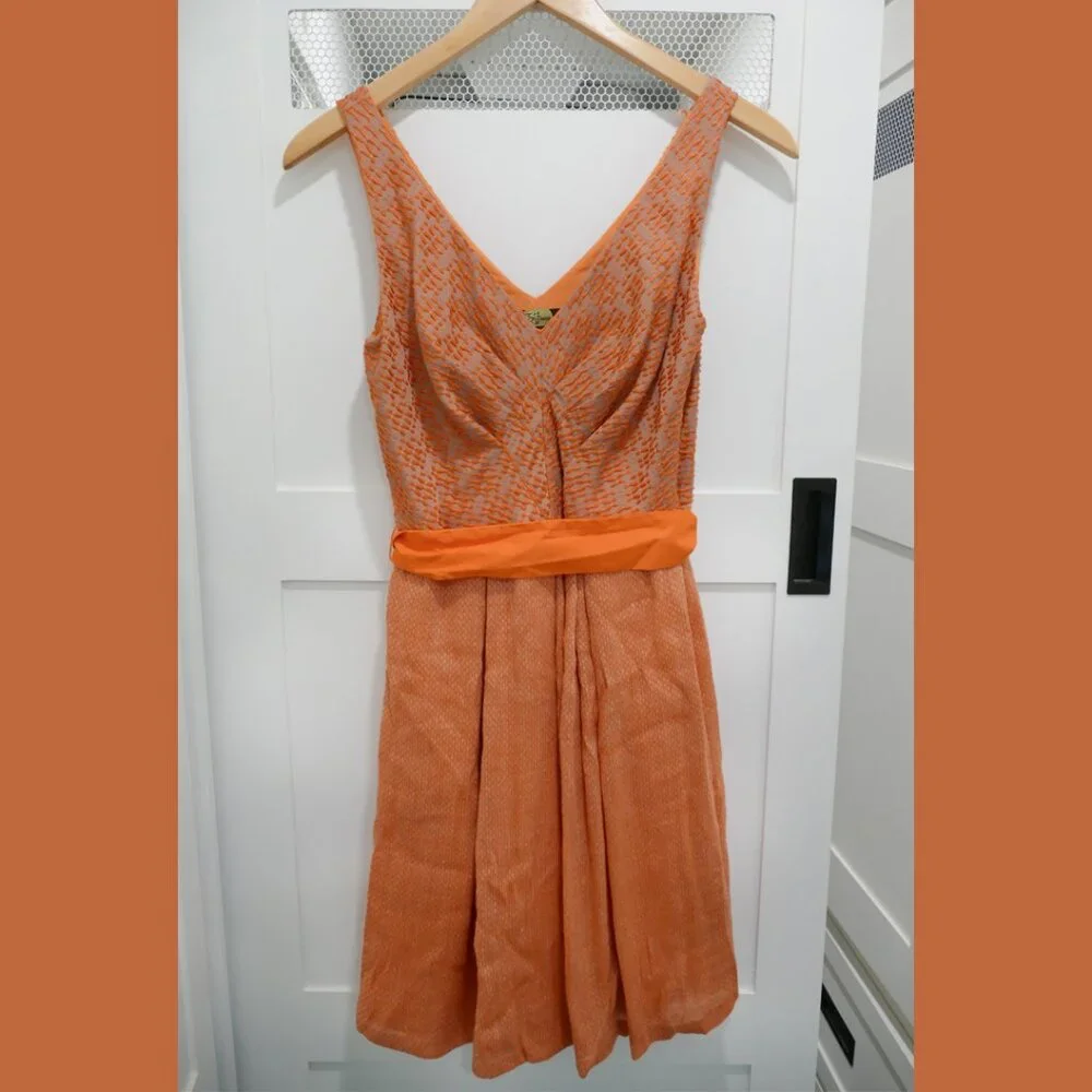 SOLD Anthropologie Eva Franco Dress Swing Orange Texture 50's Housewife Belted - Picture 4 of 8